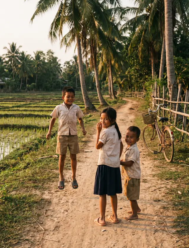Village children playing on a dirt path