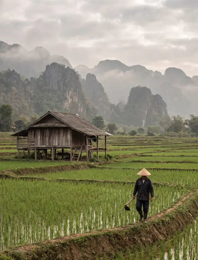 Rice terraces and a farmhouse in rural Thailand