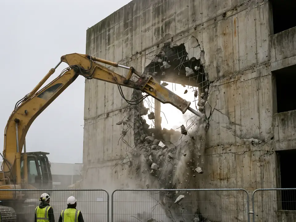 Excavator breaking a concrete slab