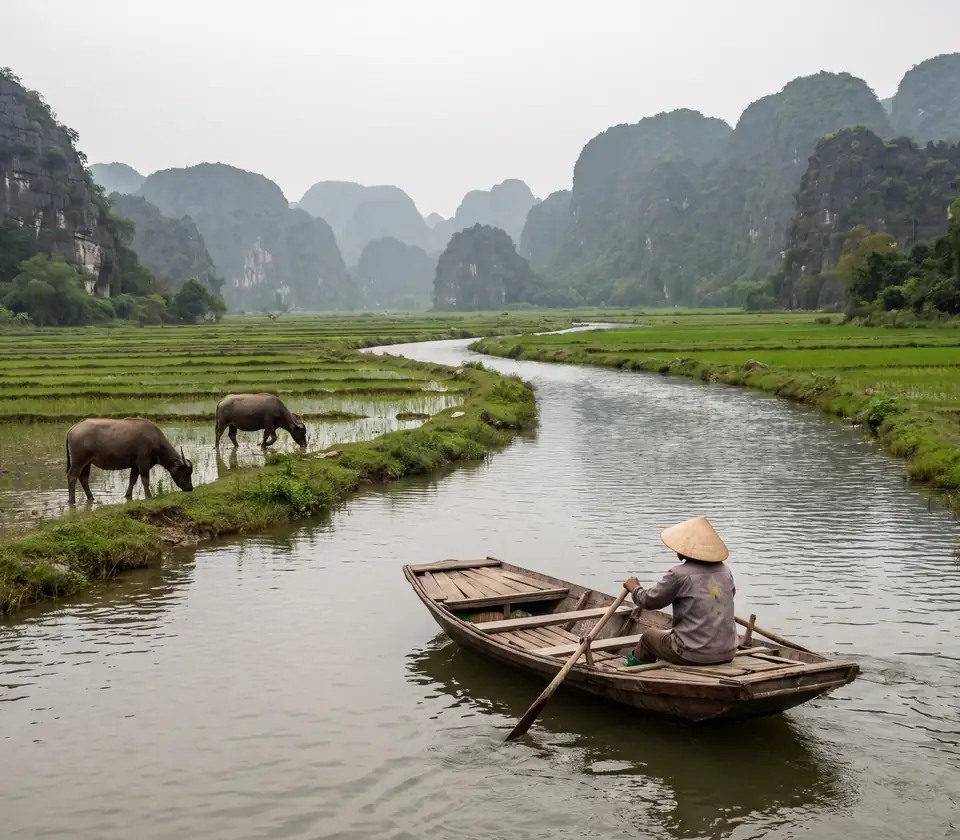 Boat on a river through rice fields in Ninh Binh, Vietnam